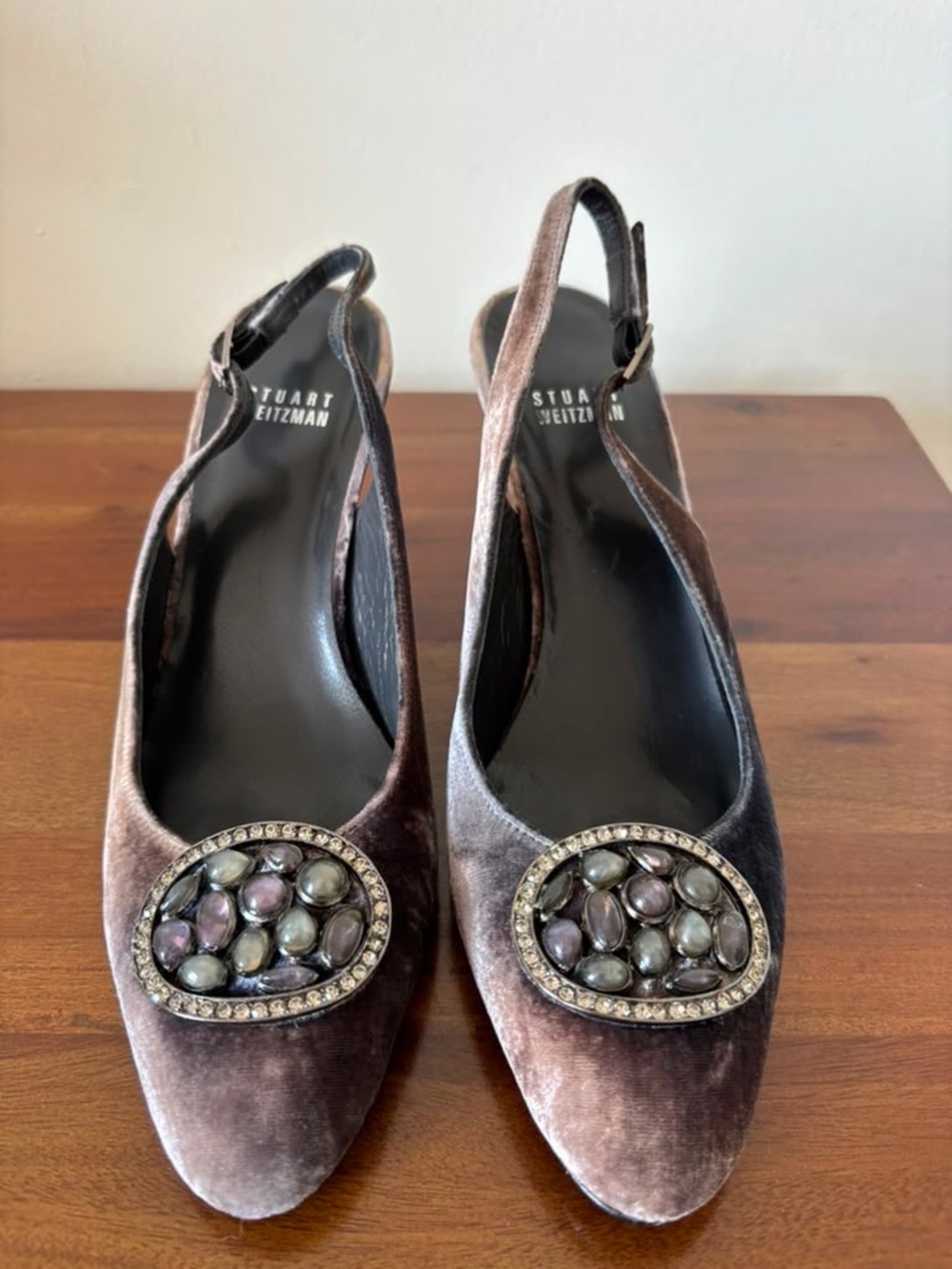 Stuart Weitzman Brown Velvet Jeweled Slingback Pumps with Iridescent Stones